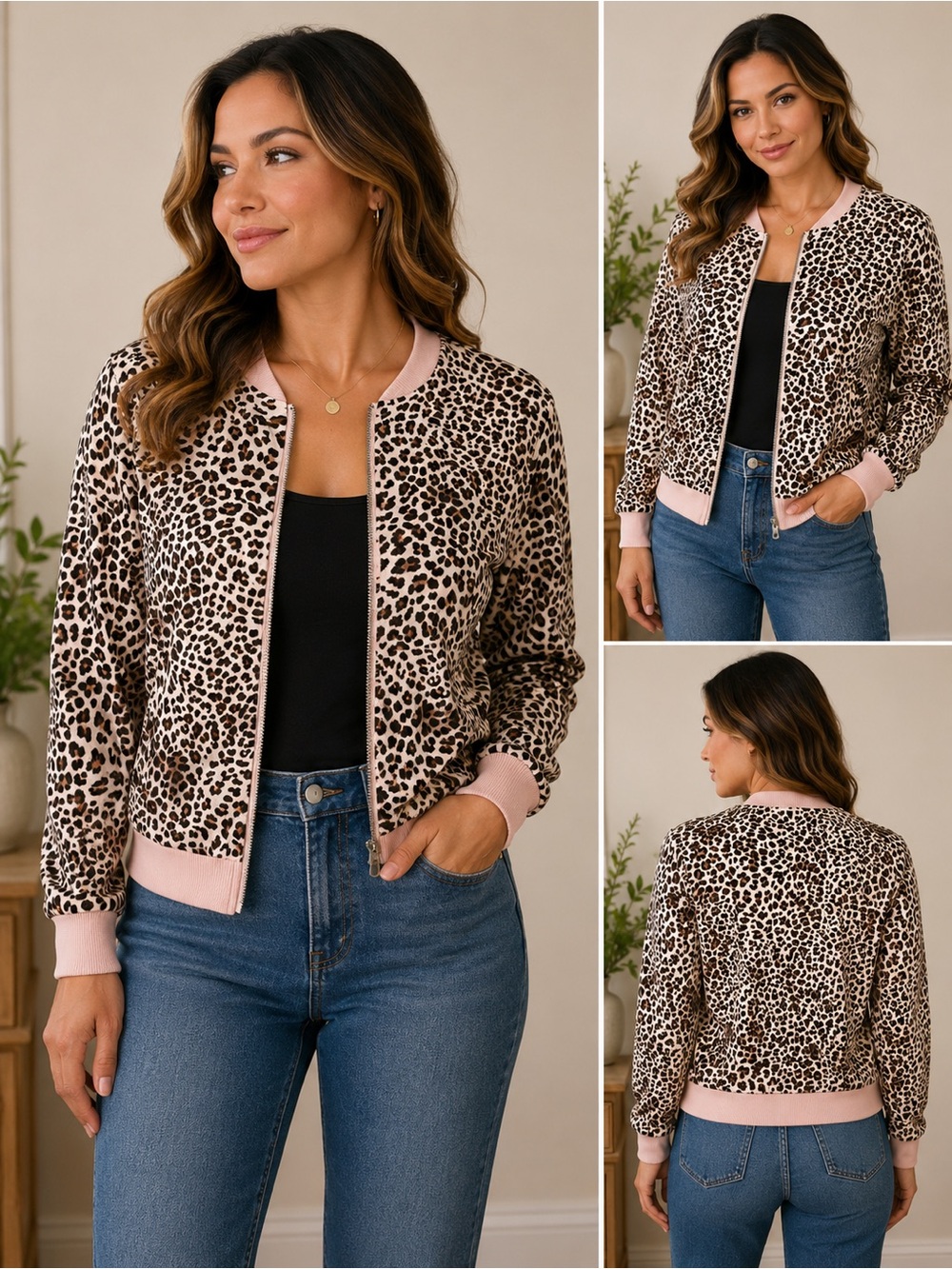 Kori Leopard Print Bomber Jacket in Pink Trim